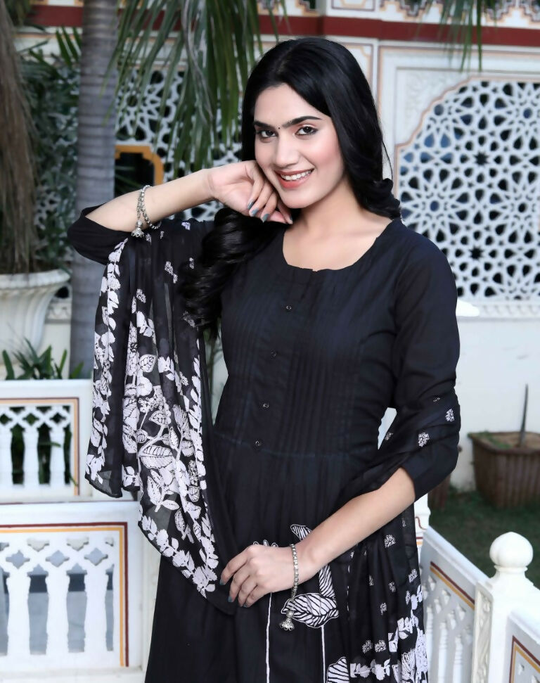 Miravan Women's Black Pintucks Detailing Straight Kurta and Palazzo with Dupatta Set | Grocsy