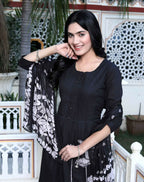 Miravan Women's Black Pintucks Detailing Straight Kurta and Palazzo with Dupatta Set | Grocsy