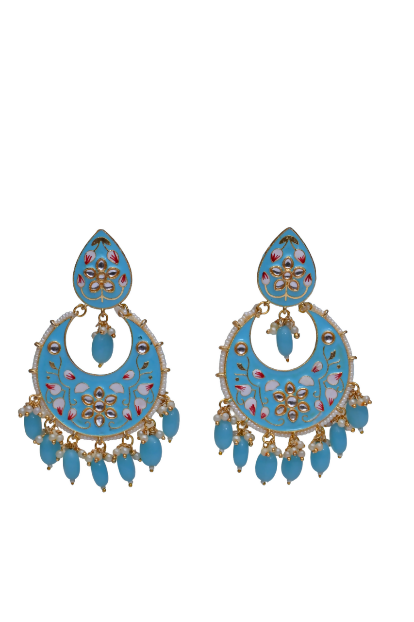 Gold-Polished Brass & Pearl Dangle Women Blue Hand Painted Meenakari Chandbali Earrings By House of Ree - Swadesiicart
