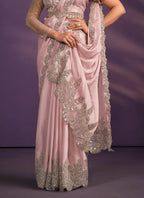 Pink Crepe Satin Silk Embroidered Saree With Stitched Blouse - Mohmanthan Exotica | Grocsy