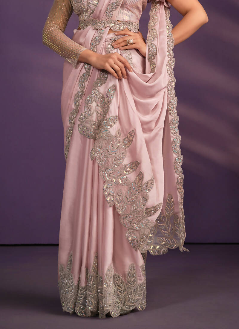 Pink Crepe Satin Silk Embroidered Saree With Stitched Blouse - Mohmanthan Exotica | Grocsy