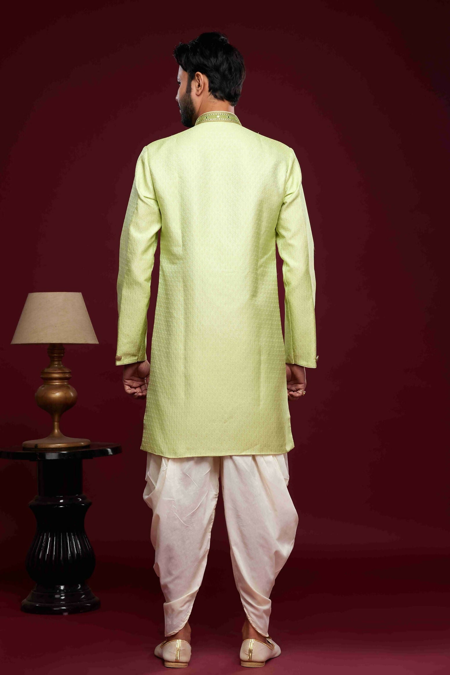 Raivat Ethnic Banarasi Jacquard Embroidery Semi Indo Western Sherwani In Pista Green Colour | Grocsy