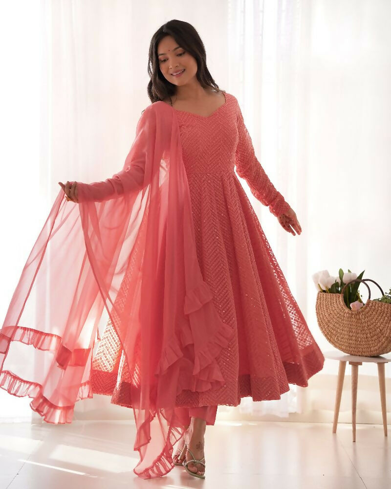 Joban Fashion Peach Kurta Set Georgette Sequence Embroidery Work | Grocsy