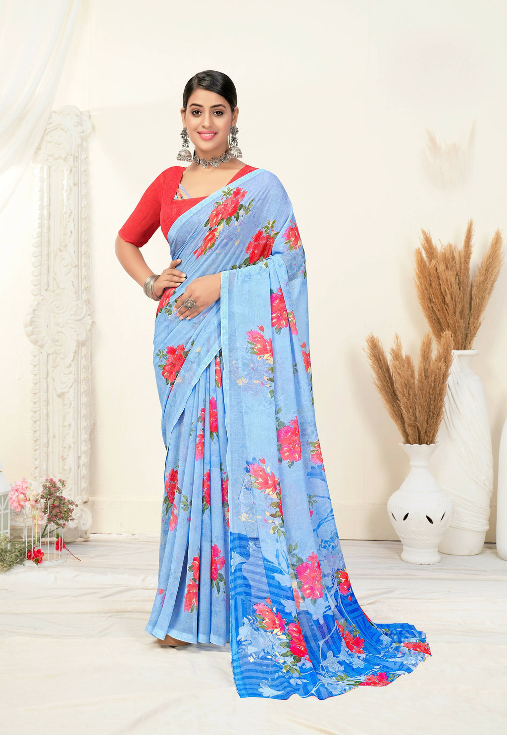 Sky Blue Georgette Floral Printed Saree With Unstitched Blouse Piece - Jyoti | Grocsy