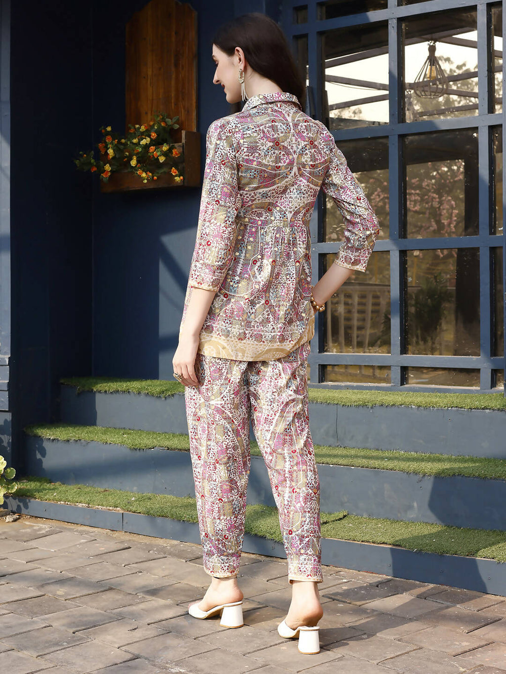 Pink & Beige Rayon Floral Printed Top with Matching Bottom - Eesha | Grocsy