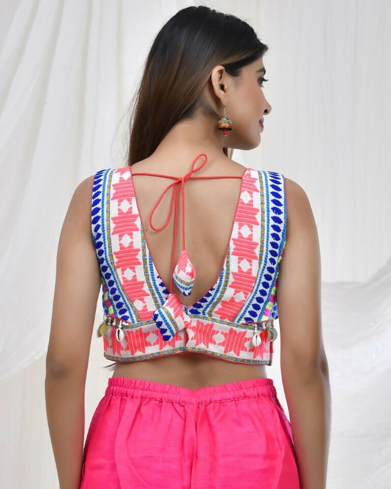 Amodini Designer Studio Vibrant Geometric Print Jacquard Blue Blouse for Women | Grocsy