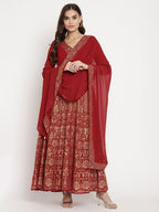 Ahalyaa Women's Maroon Georgette Gold Foil Print Flared Kurta With Dupatta | Grocsy