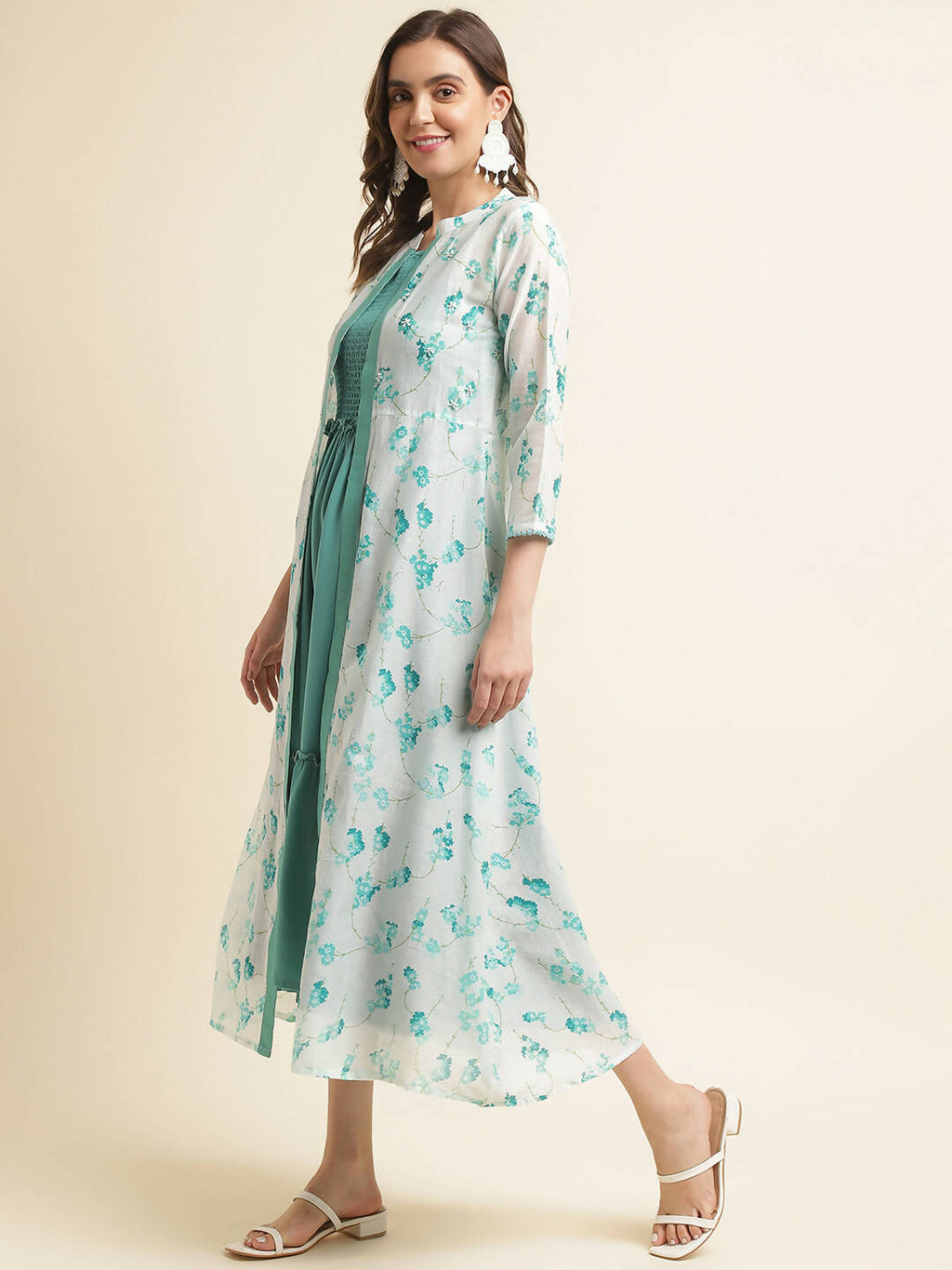 Light Blue Cotton Solid Flared Dress with Printed Shrug - Yukti | Grocsy