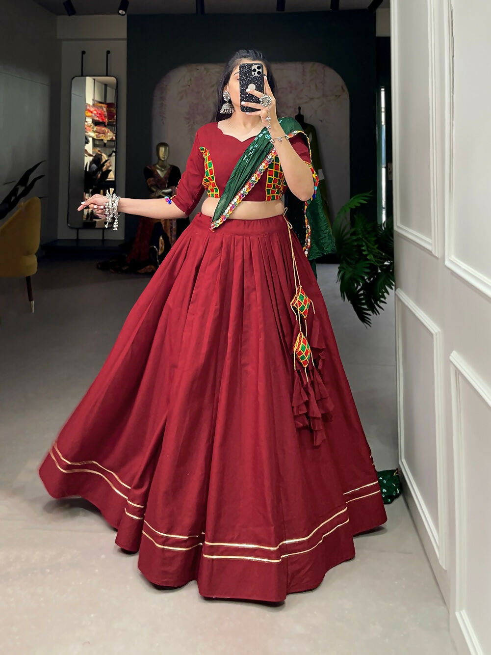 Vastranavya Navaratri Special Pure Cotton Plain With Gotta Patti Touch Up Lehenga Stitched Choli - Maroon | Grocsy