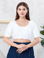 Joban Fashion White Dupion Silk Elbow Sleeveless Front Open Blouse | Grocsy