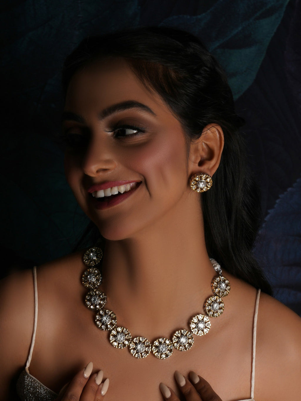 Kundan Choker with Studs Jewellery Set (silver) - Ruby Raang | Grocsy
