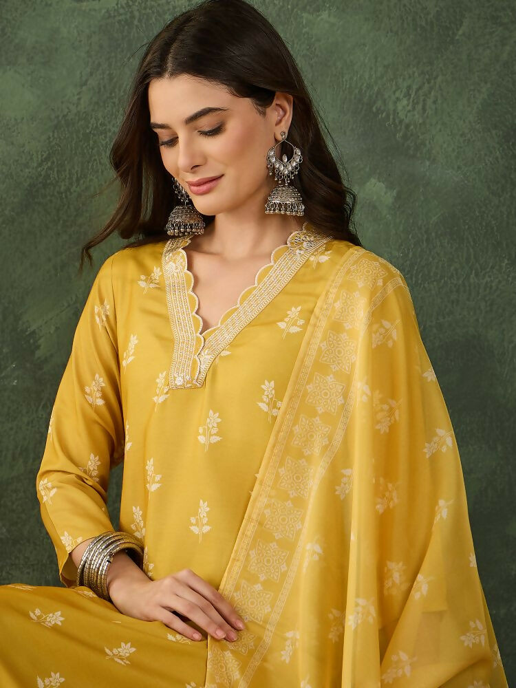 The52 Women's Gorgeous Rayon Fabric Printed Work Straight Kurta Pant and Dupatta Set | Grocsy