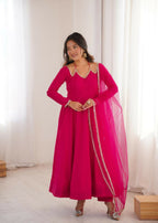 Lehenga Mart Designer Anarkali Suit With Kurta, Pant, Dupatta For Women-Dark Pink | Grocsy