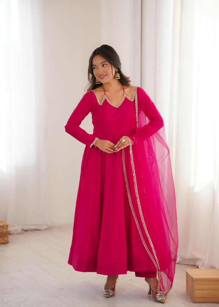 Lehenga Mart Designer Anarkali Suit With Kurta, Pant, Dupatta For Women-Dark Pink | Grocsy