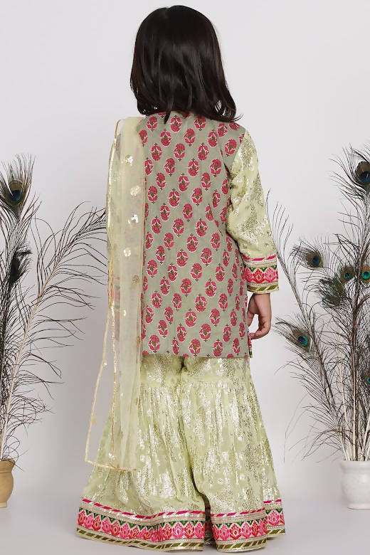 Little Bansi Girls Banarsi Cotton Turkish Lacework Kurta with Foil Sharara & Dupatta - Green | Grocsy
