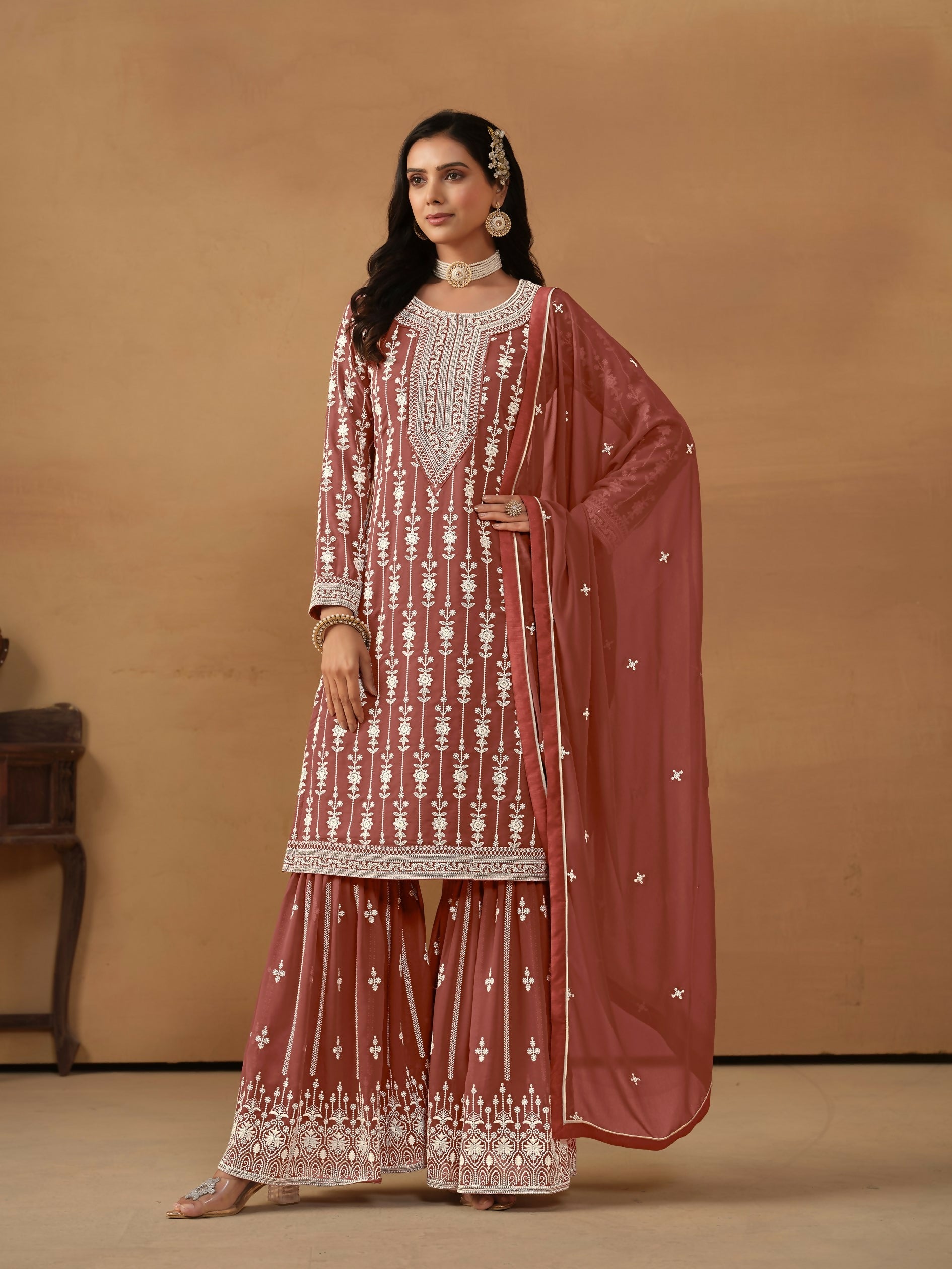 Anaita Brown Embroidered Faux Georgette Salwar Suit | Grocsy