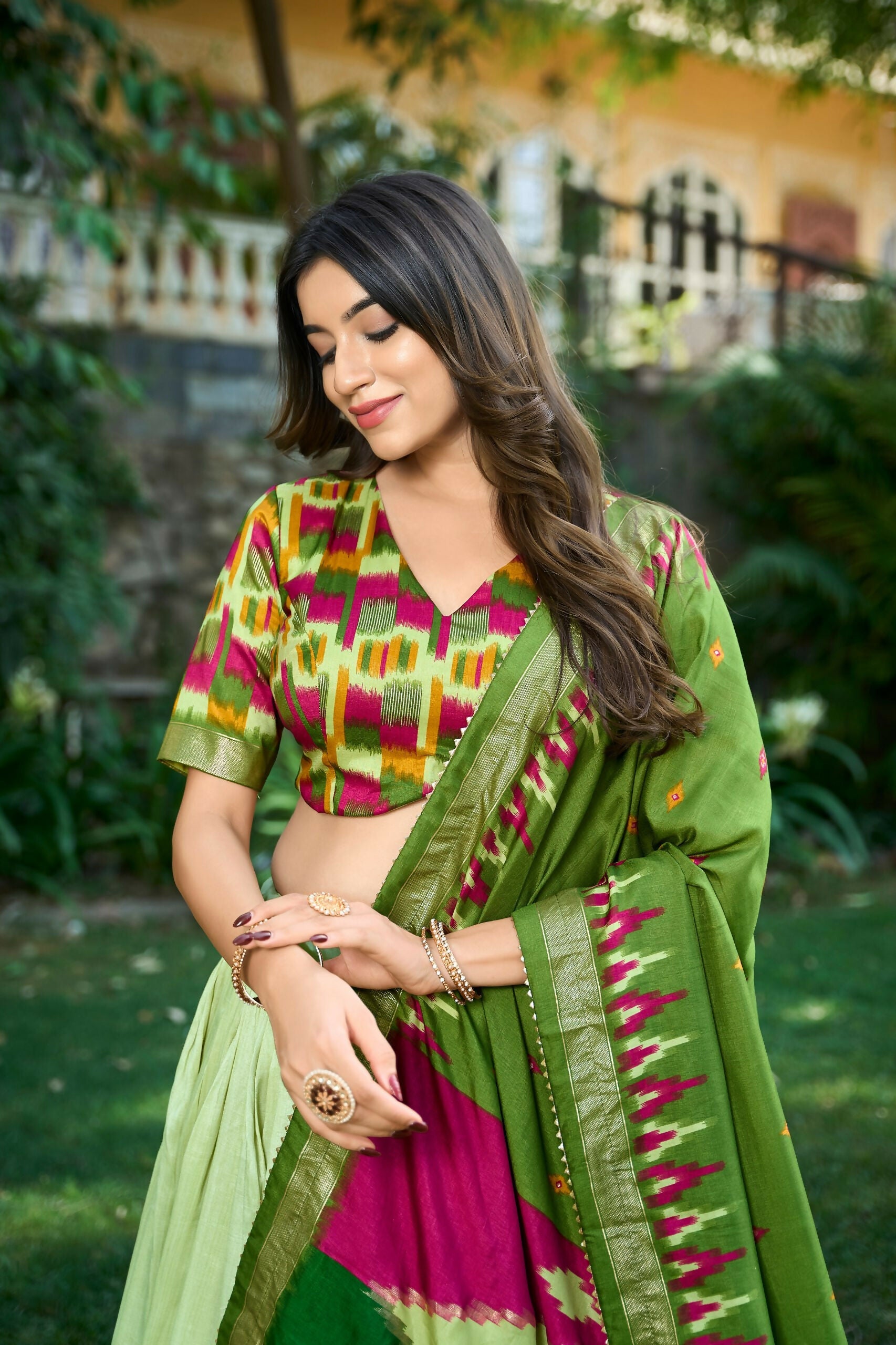 Vastranavya Printed and Foil Work Tussar Silk Lehenga with Unstitched Blouse - Pista | Grocsy