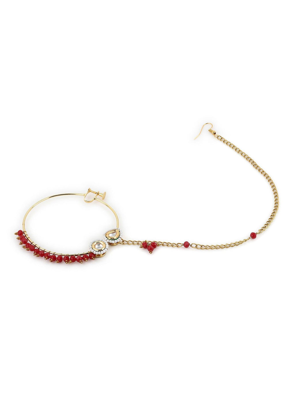 Gold-Polished White Red Kundan-Studded Pearl Beaded Nosepin - Ruby Raang | Grocsy