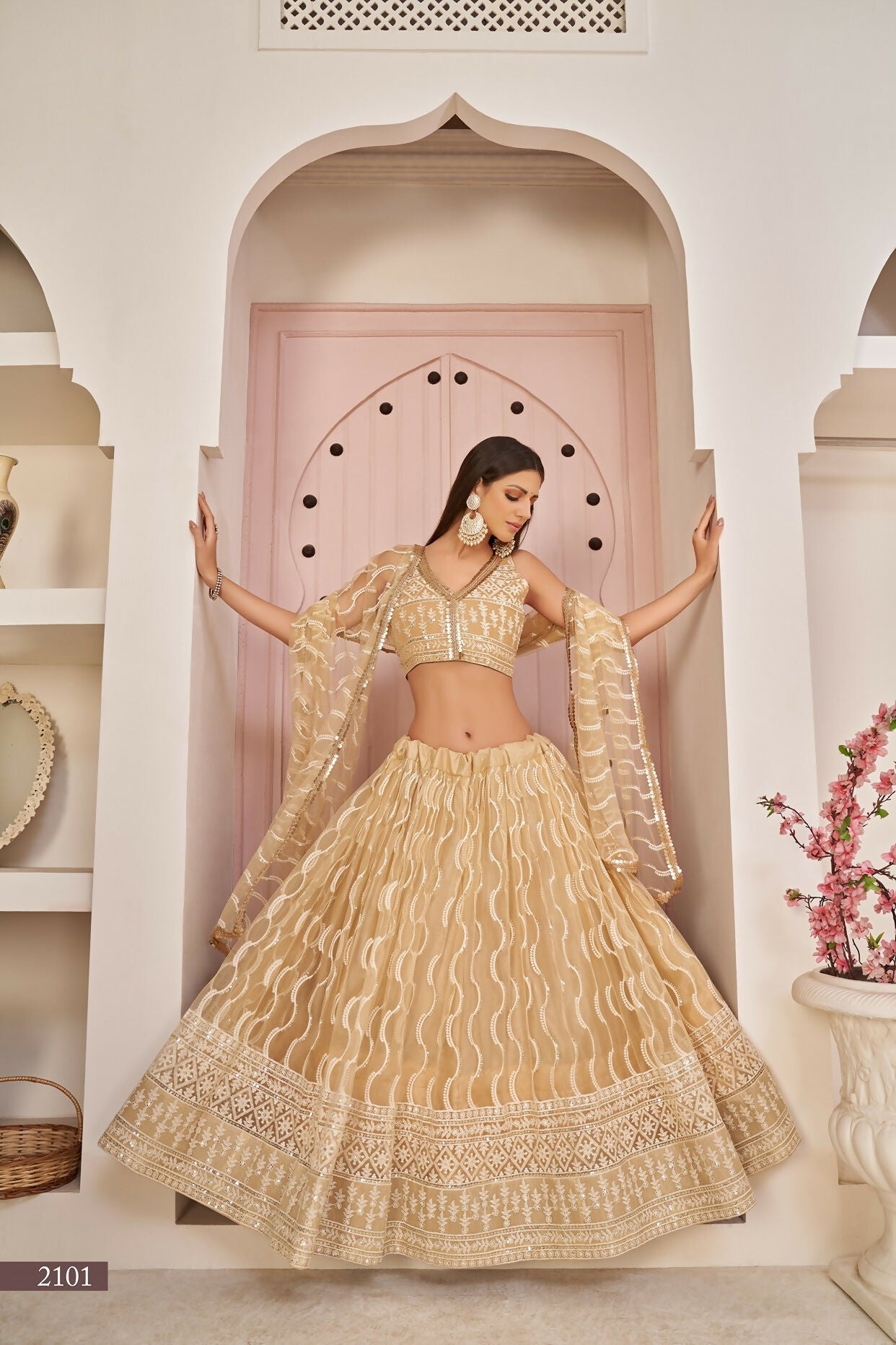 Eilara Women'S Beige Butterfly Net Thread Embroidered Work Designer Lehenga Choli | Grocsy