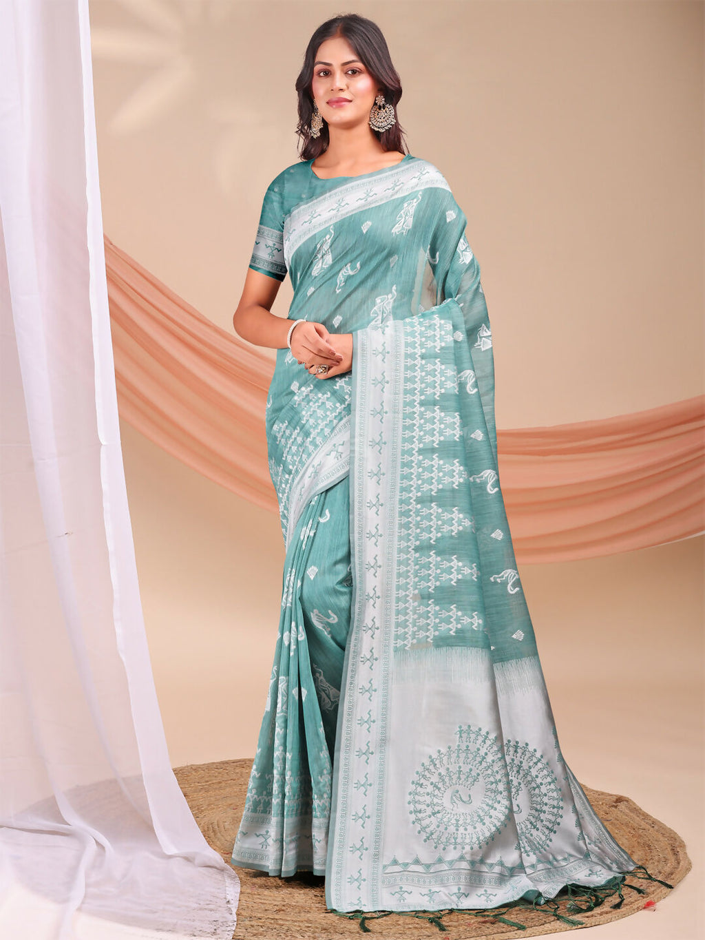 Shree Shyam Fashion Varnika Sea Green Linen Cotton Saree | Grocsy