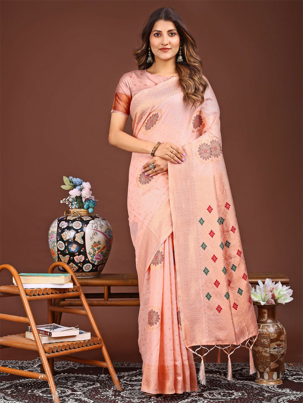Shree Shyam Fashion Neerja Peach Linen Cotton Saree | Grocsy