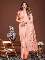 Shree Shyam Fashion Neerja Peach Linen Cotton Saree | Grocsy