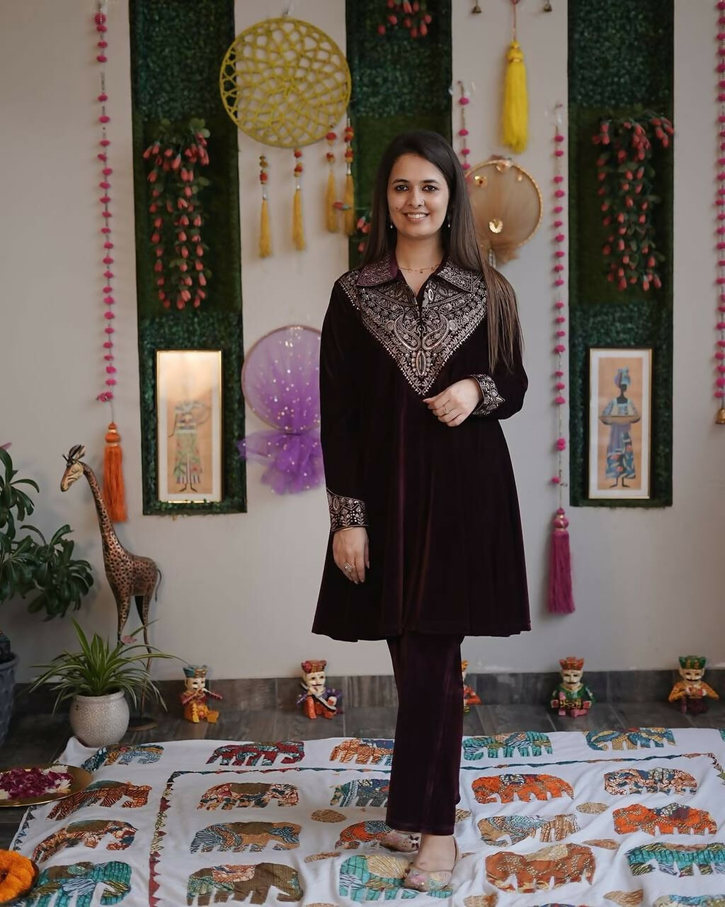 Vastranavya Purple Velvet Sequence Embroidery Work Top With Palazzo | Grocsy