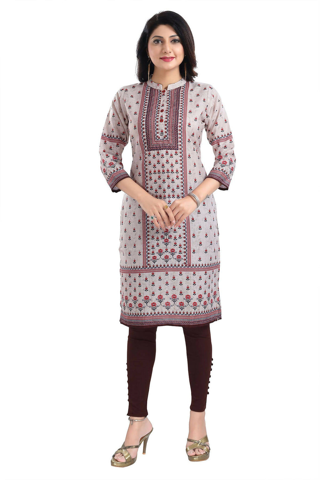 Snehal Creations Charming Cream Digital Print Cotton Slub Long Kurti Tunic | Grocsy