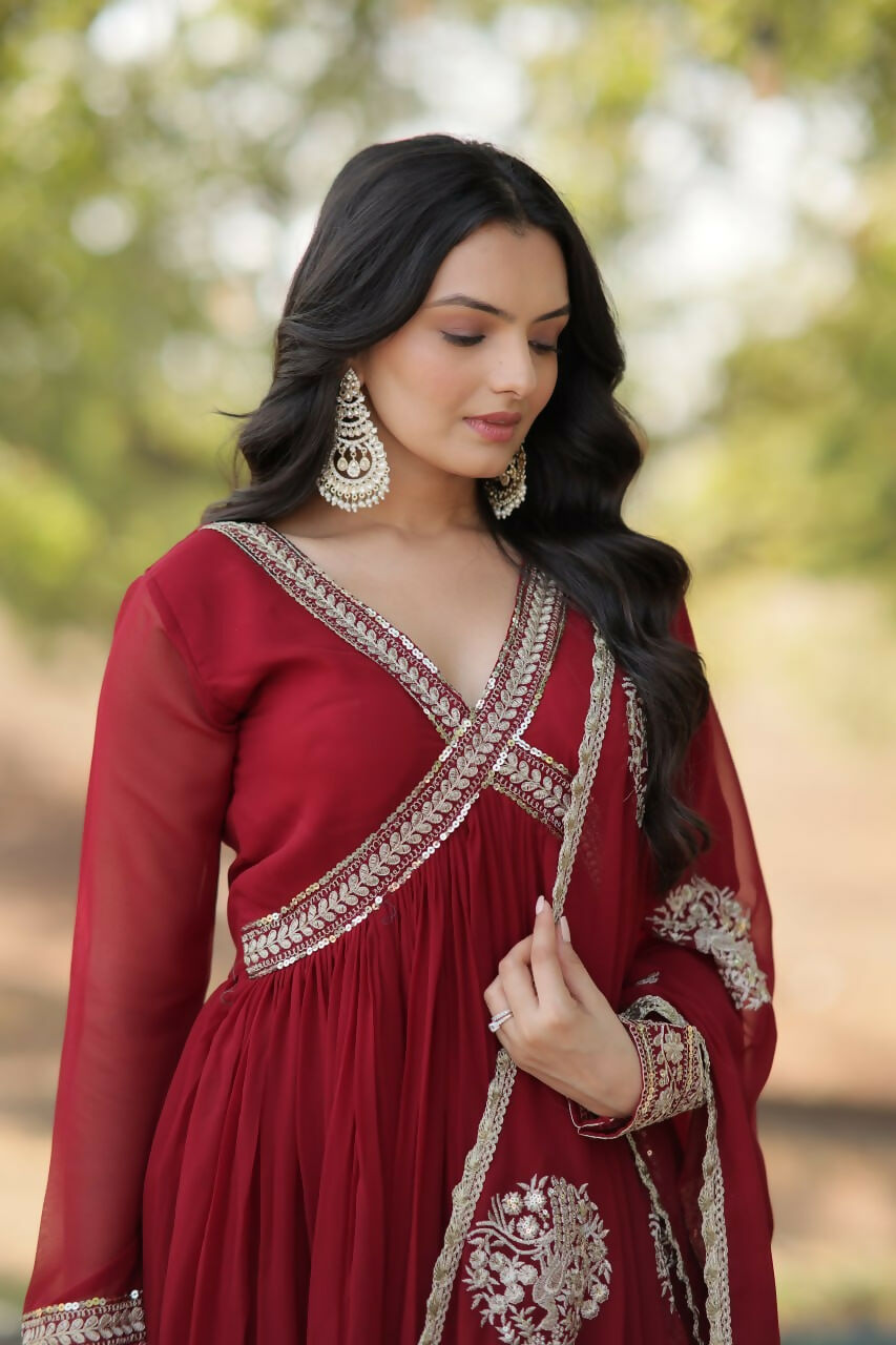 Vastranavya Faux Blooming with Embroidery Zari Sequins-work Gown with Dupatta - Maroon | Grocsy