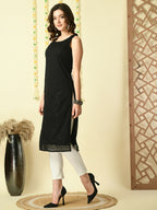 Myshka Women's Black Georgette Sleeveless Straight Party Kurta | Grocsy