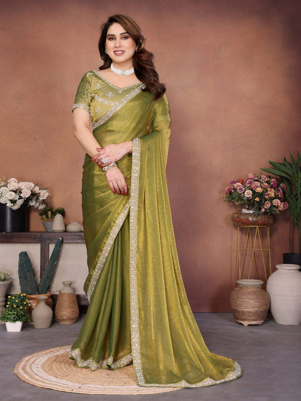 Teeya Creation Trendy Stylish Party Wear Fendy Chiffon Saree-Green | Grocsy