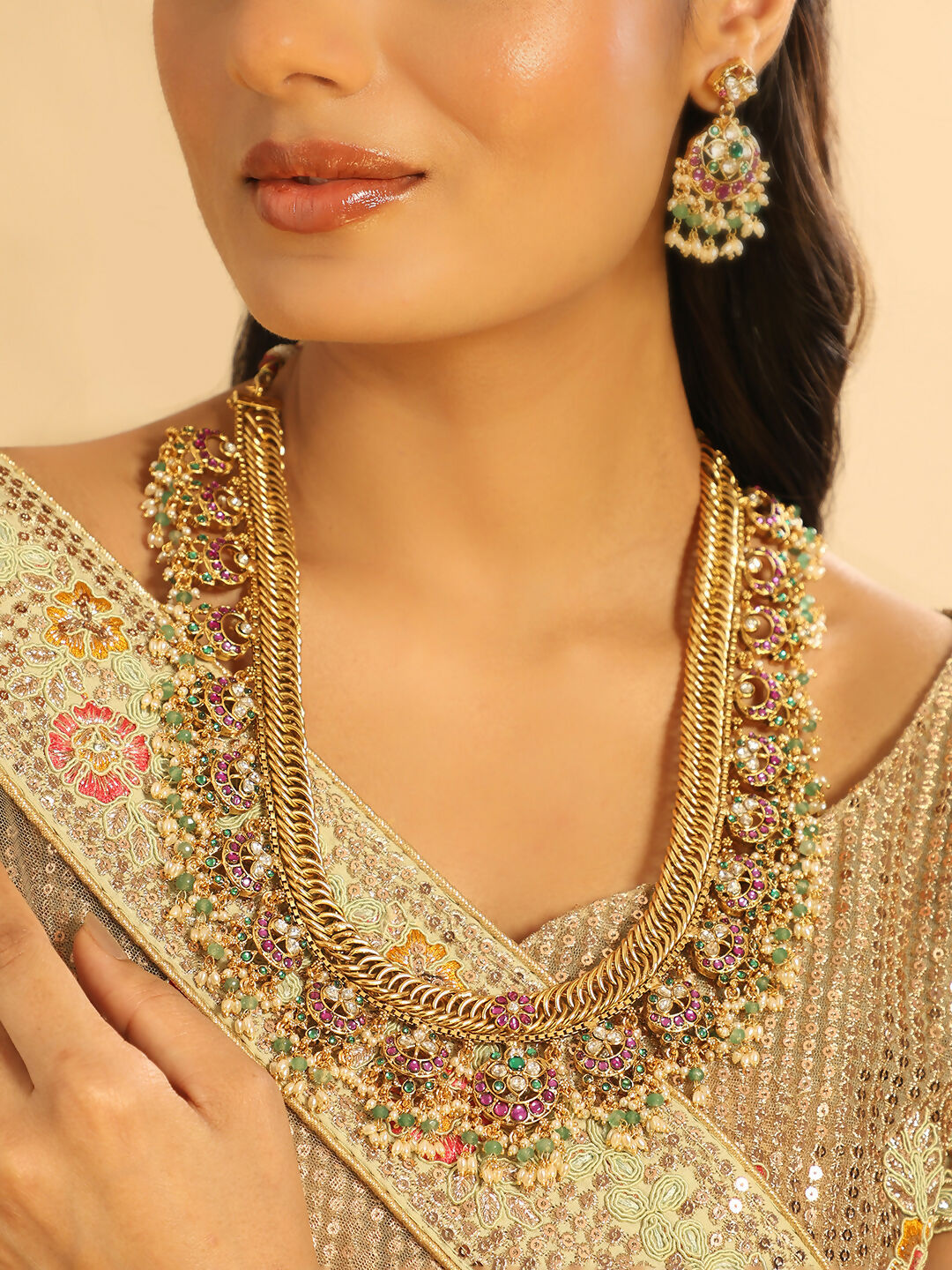 Nuyug 18K Gold Plated Estele Gold Tone Beaded Long Necklace Set | Grocsy