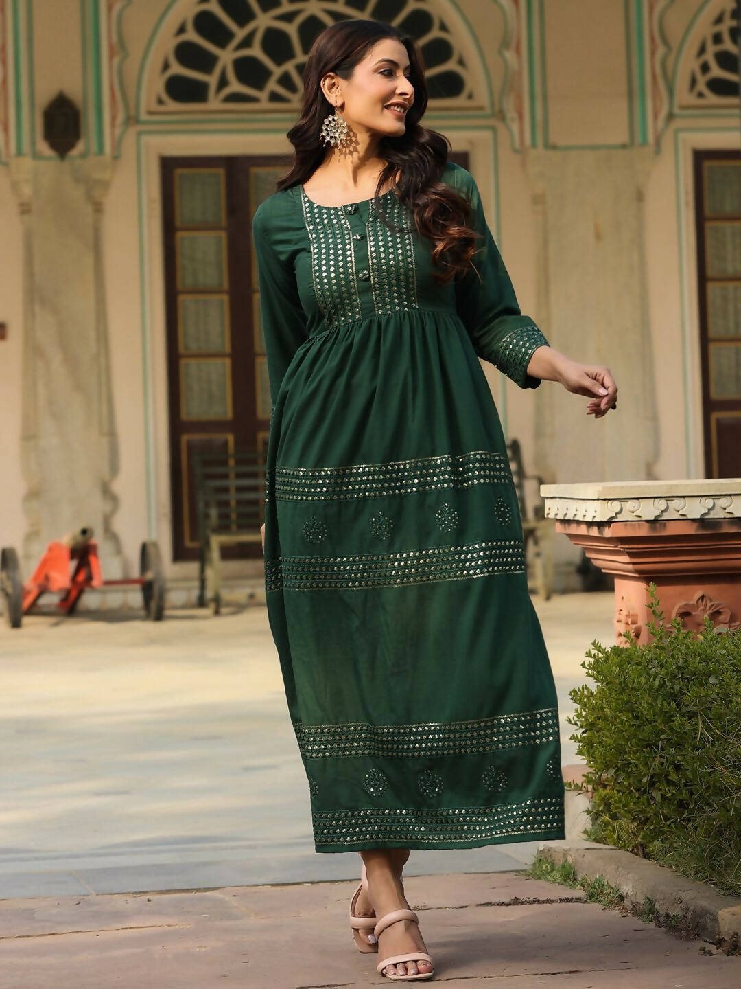 Juniper Women's Green Festive Embroiderd Flared Dress | Grocsy