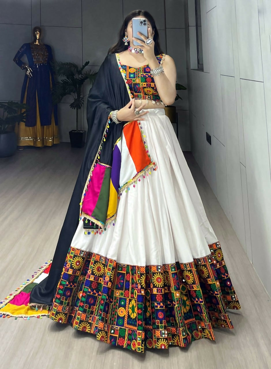 Yash Enterprise White Rayon Cotton Embroidery Semi Stitched Navratri Chaniya Choli | Grocsy