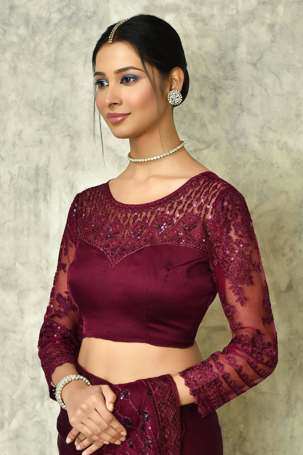 Wine Silk Solid Designer Saree with Blouse - Purvi | Grocsy