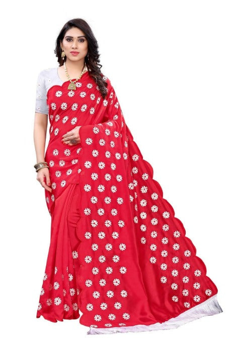 Vamika Zoya Silk Embroidered Red Saree (RAKHI RED) | Grocsy