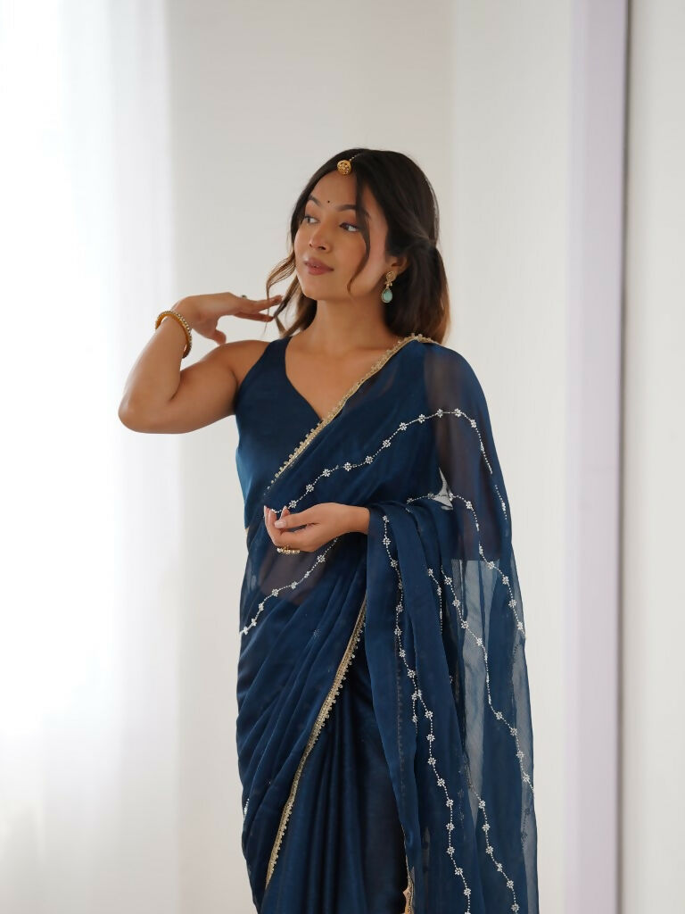 Petrol Sitara Chiffon Designer Beads Moti,Val Sequence Work Saree - Noorie | Grocsy