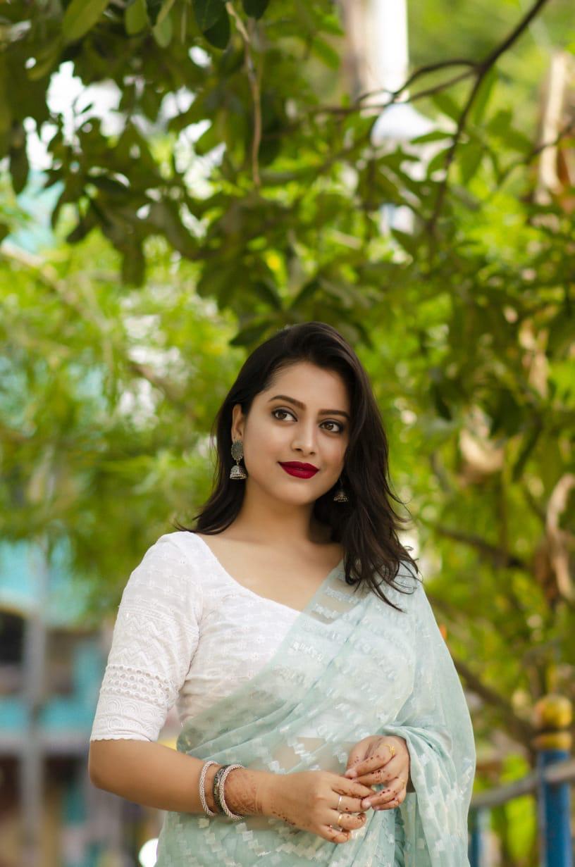 Blue Poly Chiffon Ethnic Motifs Saree with Unstitched Blouse - A2M | Grocsy