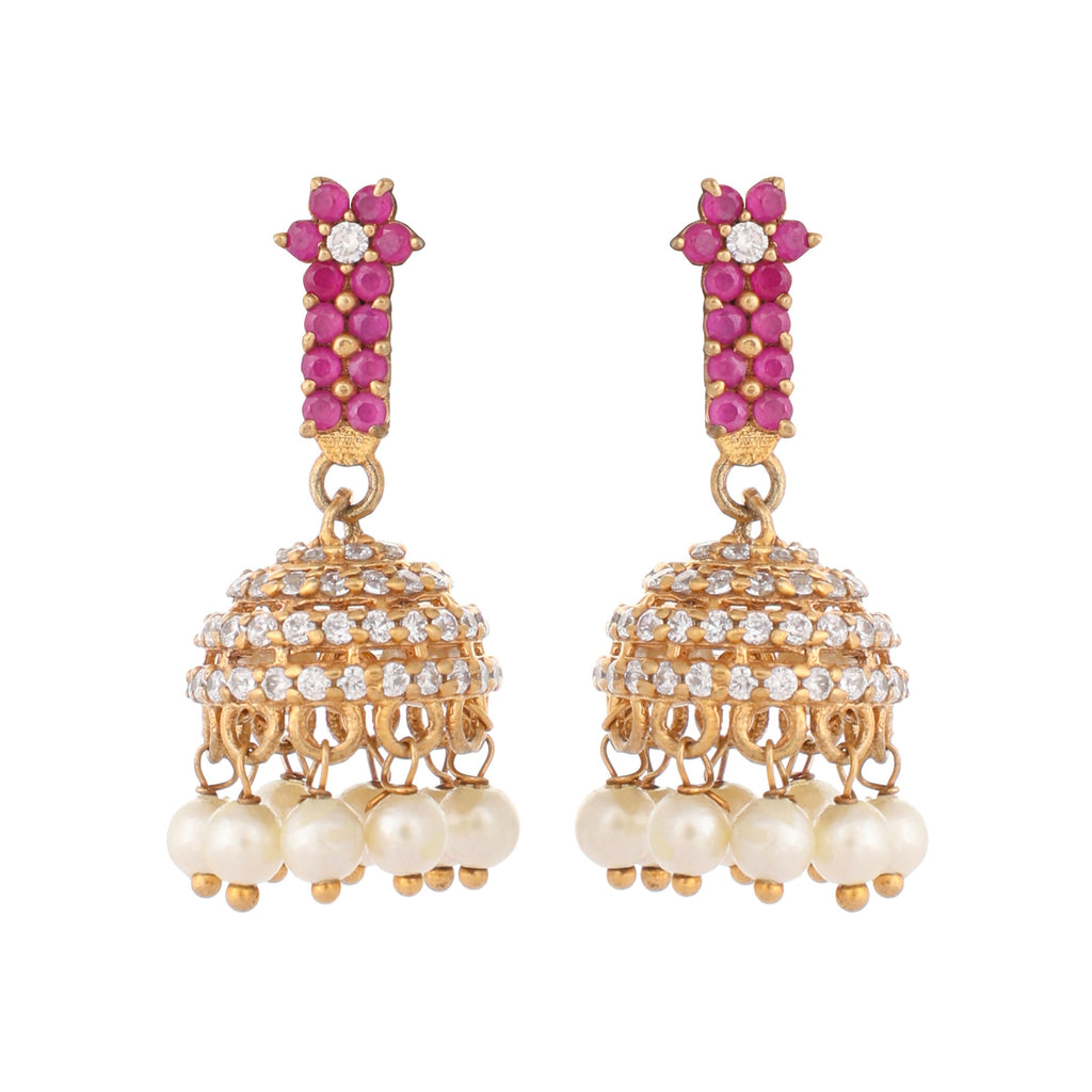 Nuyug 22K Gold Plated Pearl 7 Colored Stone Studded Contemporary Shaped Pink Mini Jhumkas | Grocsy
