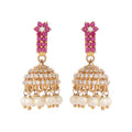 Nuyug 22K Gold Plated Pearl 7 Colored Stone Studded Contemporary Shaped Pink Mini Jhumkas | Grocsy