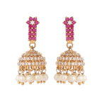 Nuyug 22K Gold Plated Pearl 7 Colored Stone Studded Contemporary Shaped Pink Mini Jhumkas | Grocsy