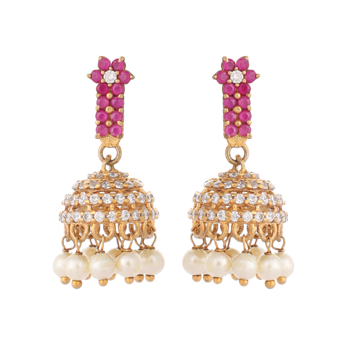 Nuyug 22K Gold Plated Pearl 7 Colored Stone Studded Contemporary Shaped Pink Mini Jhumkas | Grocsy