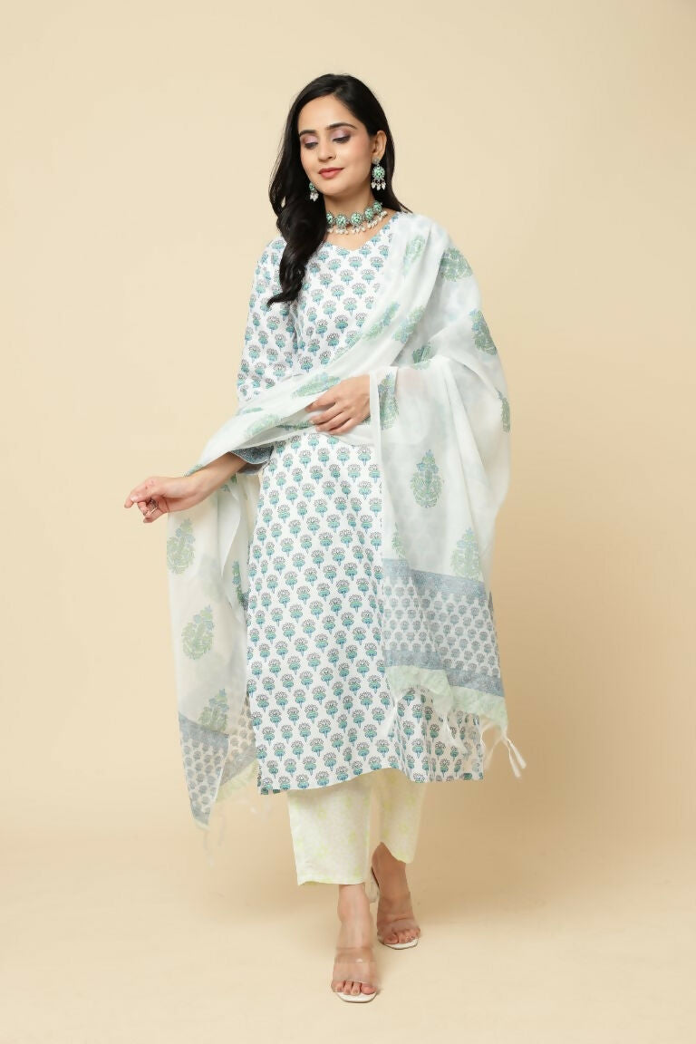 Designer Stylish Skyblue Cotton Blend Stitched Suit With Dupatta - Tanisha | Grocsy