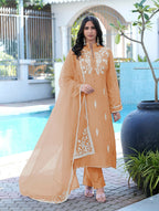 Nikhaar Orange Embroidered Modal Silk Stitched Straight Cut Kurta Pants Dupatta Readymade Suit | Grocsy