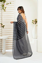 Vastranavya Black Digital Printed Linen Ready To Wear Designer Saree with Unstitched Blouse | Grocsy