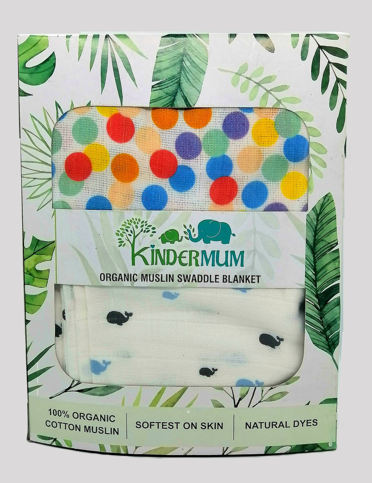 Kindermum Organic Cotton Muslin Swaddle Blanket 110 Cm X 110 Cm - Set Of 2 - Colorful Polka And Whale | Grocsy