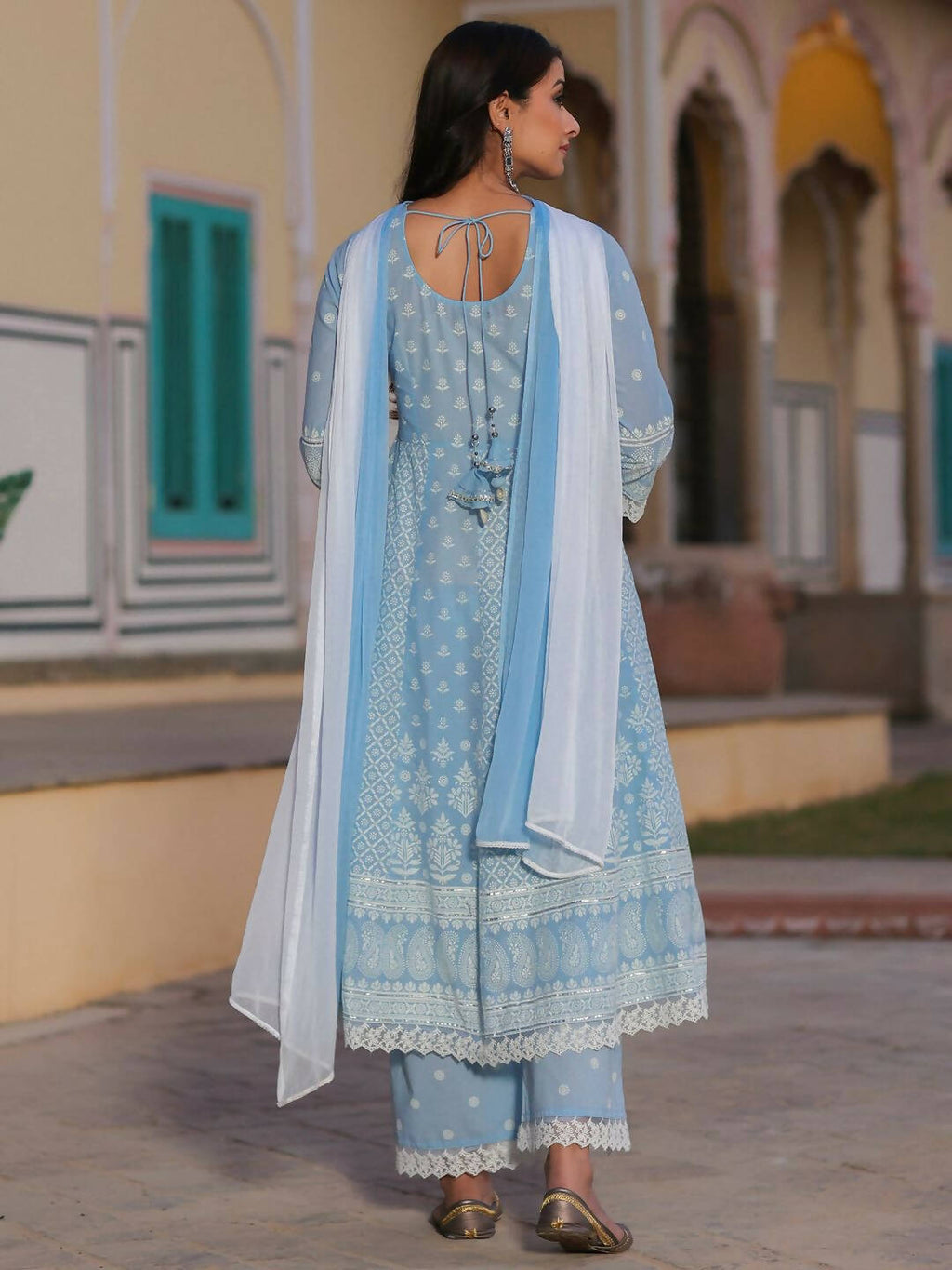 Juniper Women's Powerblue Cambric Floral Printed Anarkali Kurta Sets | Grocsy