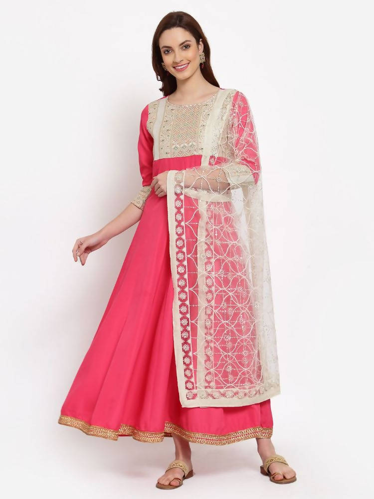 Myshka Women's Pink Solid Rayon 3/4 Sleeve Round Neck Casual Anarkali Kurta Dupatta Set | Grocsy