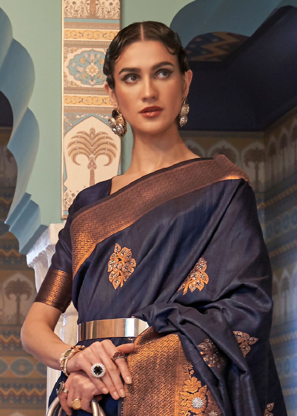 Navy Blue Tussar Banarasi Silk Designer Saree - Emponline | Grocsy