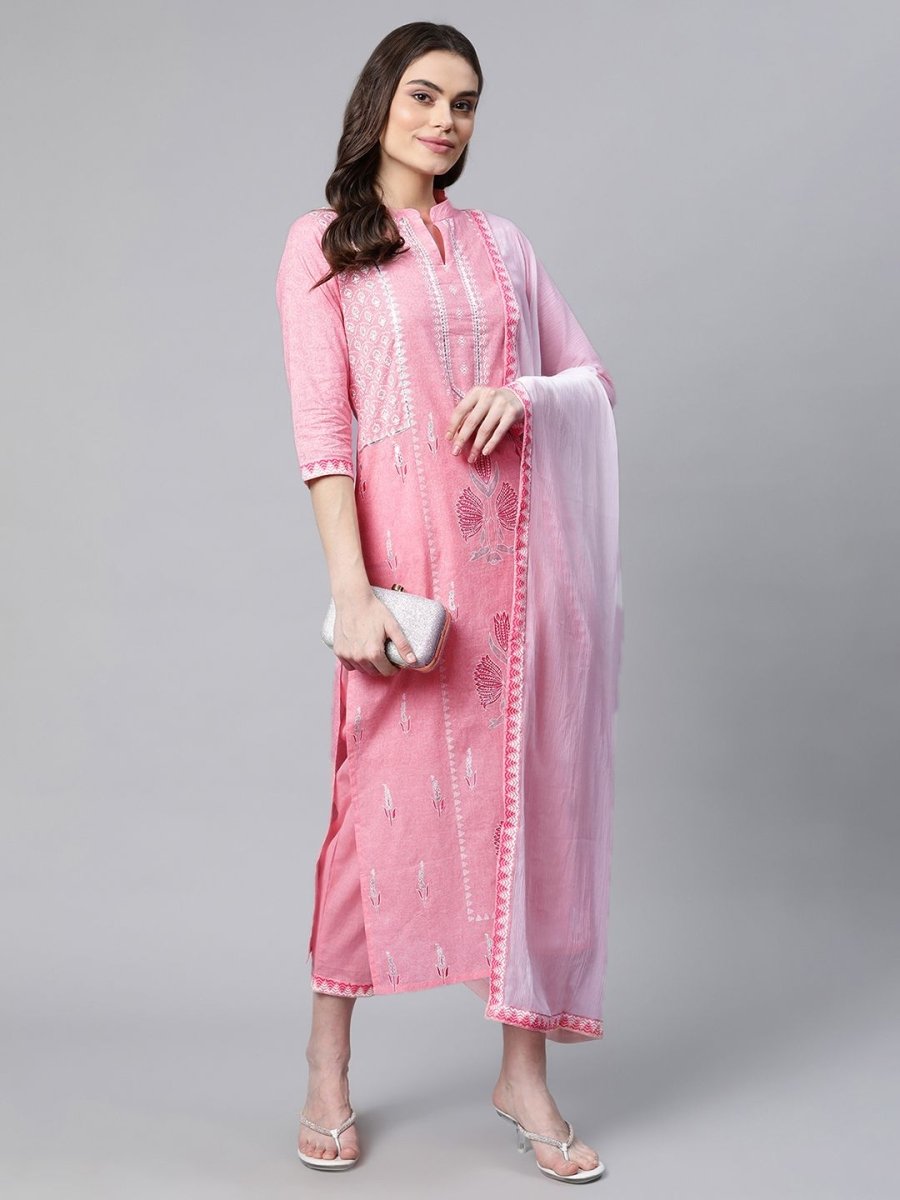 Ahalyaa Women Light Pink Colour Pure Cotton Printed Kurta Pant Set With Dupatta | Grocsy
